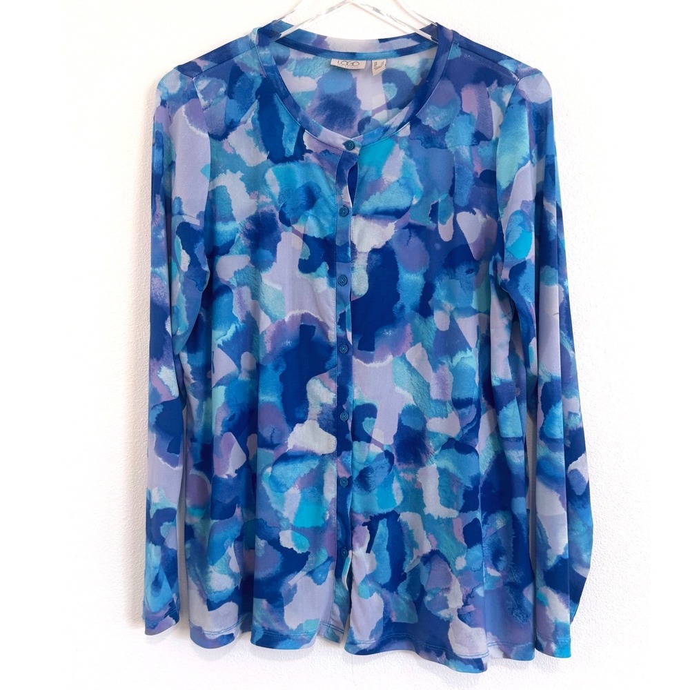 LOGO by Lori Goldstein | Blue Mesh Watercolor Cardigan Button-Up Top